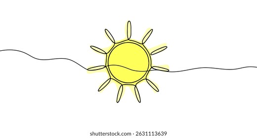 Continuous line sun art. Single line sketch sunny summer travel concept. Icon hot bright sky weather happy holiday vacation element vector illustration