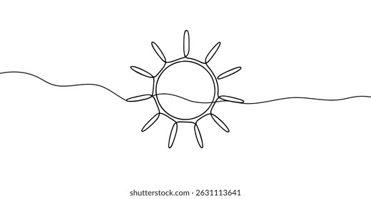 Continuous line sun art. Single line sketch sunny summer travel concept. Icon hot bright sky weather happy holiday vacation element vector illustration