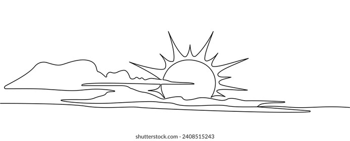 A continuous line of sun behind the clouds. Sunny summer travel concept. Sunny weather minimalist one line art. Vector illustration