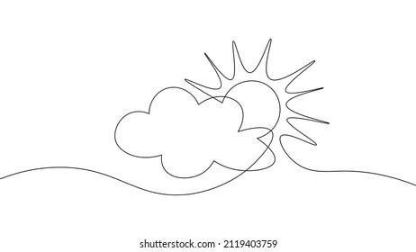 Continuous line sun cloud art  Single line sketch sunny summer travel concept  Icon cloudy sky weather happy holiday vacation element vector illustration