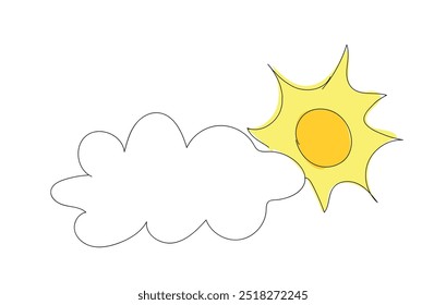 Linha contínua sol nuvem arte. ícone céu nublado clima feliz férias elemento vetor ilustração  
Linha única esboço conceito de viagem ensolarado de verão. Vetor artesanal não AI.