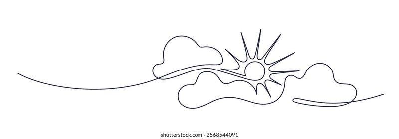 Continuous line sun, cloud. Sunny summer travel. Icon of weather happy, hot temperature, holiday vacation. Outline vector illustration on white background. Clean energy. Editable stroke