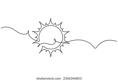 Continuous line sun summer art one sunshine outline icon single light. Travel sun doodle hand abstract line sketch weather logo silhouette element sunrise linear season sea nature. Vector illustration