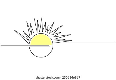 Kontinuierliche Linie Sonne Sommer Kunst ein Sonnenschein Umriss Symbol einzelnes Licht. Reisen Sonne Doodle Hand abstrakte Linie Skizze Wetter Logo Silhouette Element Sonnenaufgang lineare Saison Meer Natur. Vektorgrafik