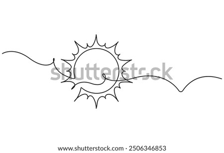 Continuous line sun summer art one sunshine outline icon single light. Travel sun doodle hand abstract line sketch weather logo silhouette element sunrise linear season sea nature. Vector illustration