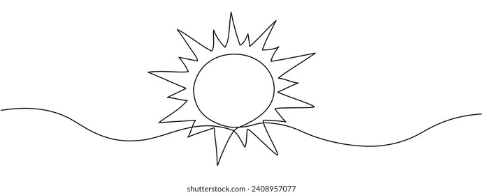 A continuous line of sun. Sunny summer travel concept. Sunny weather minimalist one line art. Vector illustration