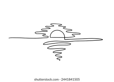 Continuous line sunset, single line sketch, isolated on white background. One continuous line drawing. Nature, vacation, holiday concept.