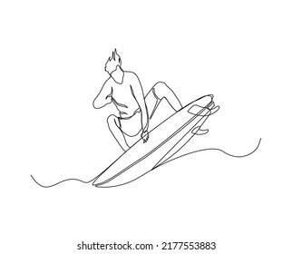 Continuous line of surfer and waves. Surfing in sea hand drawn minimalism style.