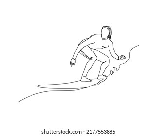 Continuous line of surfer and waves. Surfing in sea hand drawn minimalism style.