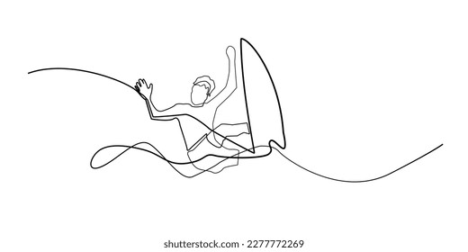 continuous line of surfing. sea sport with surfboard. line art of playing water surfing
