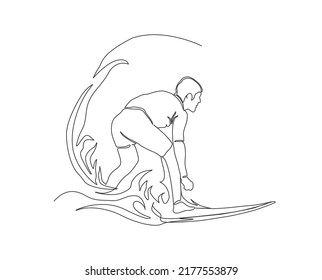 Continuous line of surfing in the sea. Surfer and wave hand drawn minimalism style.