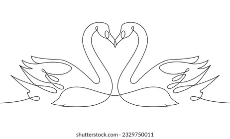 Continuous line swans concept. White birds, ornithology and biology. Minimalistic creativity and art. Aesthetics and elegance. Linear flat vector illustration isolated on white background