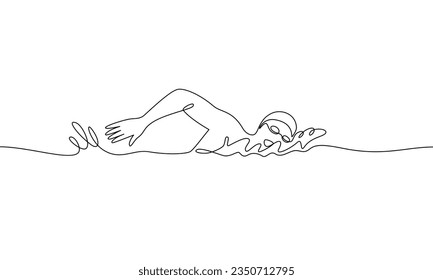 Continuous line swimmer on marathon swimming across river, sea, lake. Sports, triathlon, marathon, swimming. Vector illustration