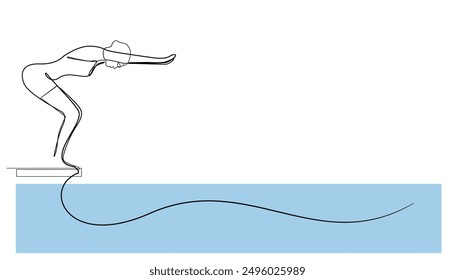 Dibujo de arte de línea de la competencia de natación. Línea única de nadadores que se preparan para deslizarse en la piscina. Ilustración vectorial