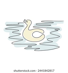 Continuous line swimming ring, single line sketch, one continuous line drawing. Inflatable rubber duck. Summer vacation concept.