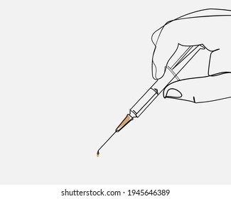 Continuous line, Syringe in a hand. Drawing of set Vaccine. (Vector illustration one line drawing)
