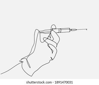 Continuous line, Syringe, medical injection in hand. Drawing of set Medic. (Vector illustration one line drawing)