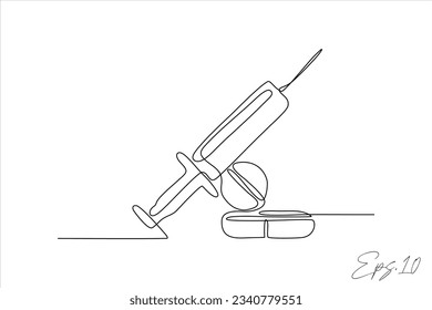 continuous line of syringe and medicine on white background