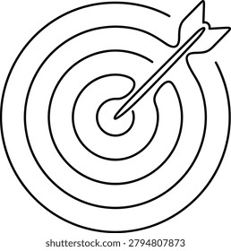 Continuous line target icon with arrow in center showing business marketing success. One line drawing of a dartboard bullseye representing achievement, strategic goals, and objective focus.