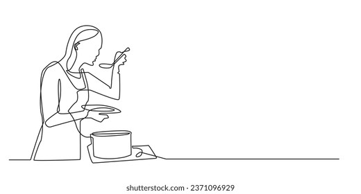 continuous line of tasting dishes.single line vector of woman cooking in the kitchen.line art of cooking