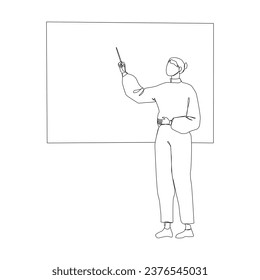 Continuous line of a teacher pointing at the whiteboard while lecturing. Vector illustration.