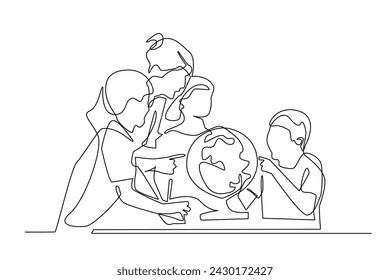 continuous line of teachers and students looking at a globe.one line drawing of geography learning school activities.one vector line discussing a globe