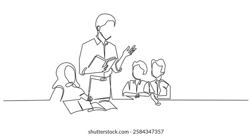 continuous line of teaching and learning activities.one line drawing of male teacher teaching in class surrounded by students.single line vector illustration.isolated white background