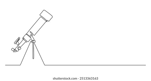 Telescopio de línea continua en trípode. Dibujo de una línea de telescopio estelar. Lección de astronomía. Ilustración vectorial de una sola línea. Fondo blanco aislado