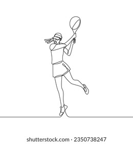 Continuous line tennis. The woman jumped up to hit the ball. Sports, competitions. Vector illustration