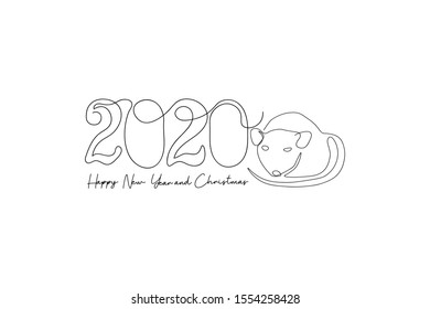 Continuous line text 2020 rat happy new year and happy christmas and cute mouse greeting vector illustration