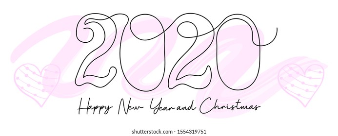Continuous line text 2020 rat happy new year and happy christmas and cute mouse greeting vector illustration