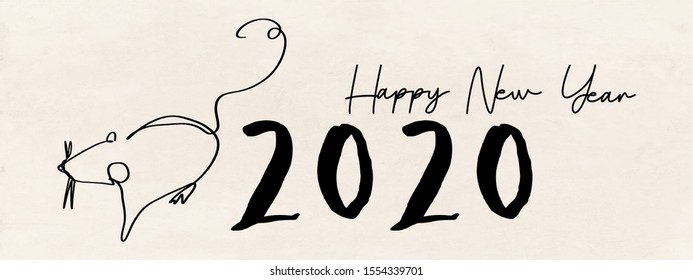 Continuous line text 2020 rat happy new year  and cute mouse greeting vector illustration