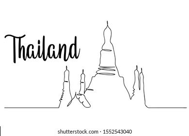 Continuous line Thailand tourist attractions vector style hand drawn illustration