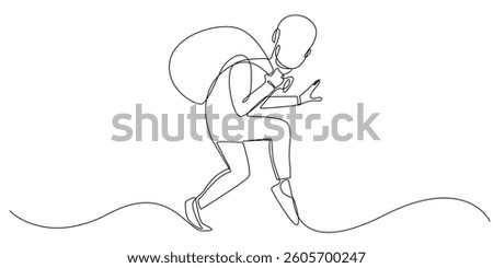 continuous line thief.vector one line thief walking hunched over and carrying a sack.single line vector illustration.isolated on white background