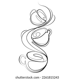 Continuous Line Three cups mugs of hot drink with Steam Vector illustration on white background.Line art sketch drawing of flying tea cups or coffee creative idea for emblem,logo,icon,print design