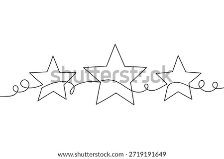 A continuous line of three five-pointed stars. Single line draw design vector graphic illustration.