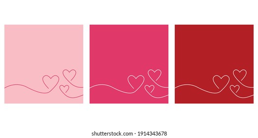 Continuous line three hearts, pink vector minimalist illustration of love concept background, valentine's day