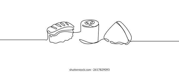 Continuous line, three pieces of sushi, Japanese food Simple lines, transparent background.