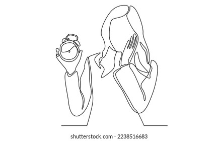 Continuous line of time management businesswoman showing alarm clock