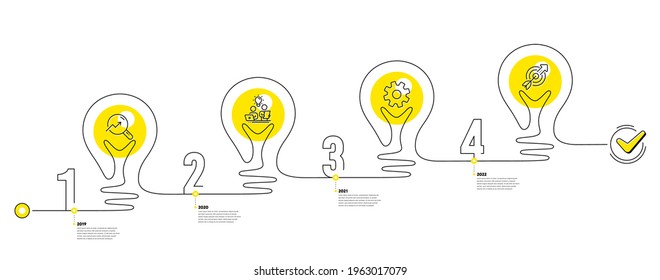 Continuous line timeline with lamp light bulbs and icons. 4 steps idea journey path of business project process. Infographic path timeline. Business journey goal. Continuous line growth chart. Vector