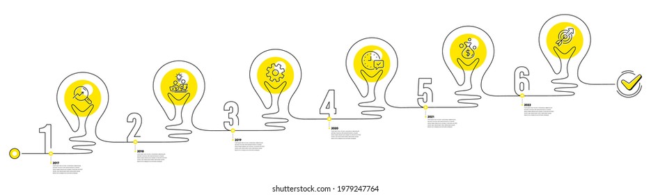 Continuous line timeline with lamp light bulbs icons. 6 steps idea journey path of business project process. Infographic path timeline. Business journey goal. Continuous line growth chart. Vector