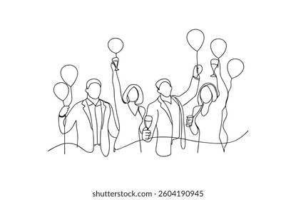 Continuous Line Toast: Shared Success Moment. Fluid lines depict a celebratory toast with balloons. 