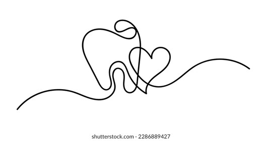 continuous line tooth and heart.single line tooth and heart.simple line tooth and heart isolated white background.dental health care. national tooth day icon