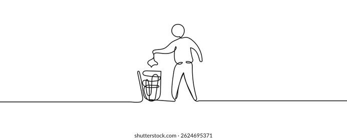 Línea continua, símbolo del bote de basura, concepto de cuidado ambiental, ilustración de dibujo de línea dibujada a mano, Vector, fondo transparente.