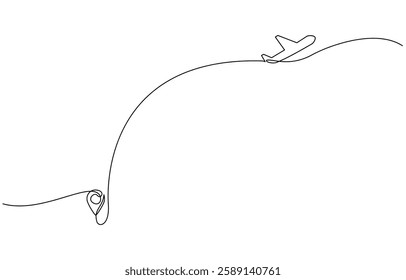 Continuous Line Travel Concept Vector Illustration, Continuous line drawing of airplane, Path with location pins. Distance from one point to another in doodle style.