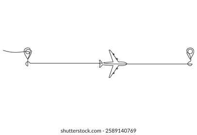 Continuous Line Travel Concept Vector Illustration, Continuous line drawing of airplane, Path with location pins. Distance from one point to another in doodle style.