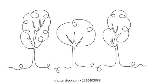 Continuous line trees set concept. Aesthetics and elegance, minimalist creativity and art, sketch. Nature and flora, botany. Linear flat vector collection isolated on white background