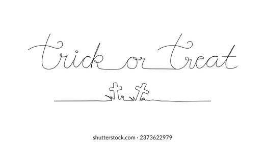 Continuous line trick or treat text with calvary crosses illustration in black and white outline vector.