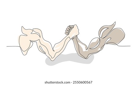 Línea continua de dos brazos de hombres que miden su fuerza, mano de lucha libre del brazo dibujada, prueba de fuerza, entrenamiento muscular del brazo, deporte, concepto de Ocio y estilo de vida, Ilustración vectorial, golpe editable 