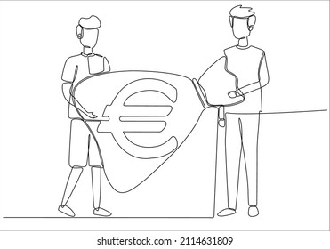 
continuous line of two businessmen carrying sacks of euro money